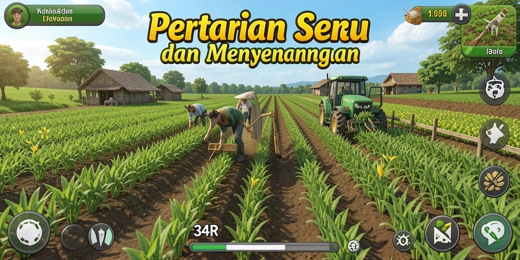 Tangkapan layar gameplay 34R yang menunjukkan aktivitas bertani.