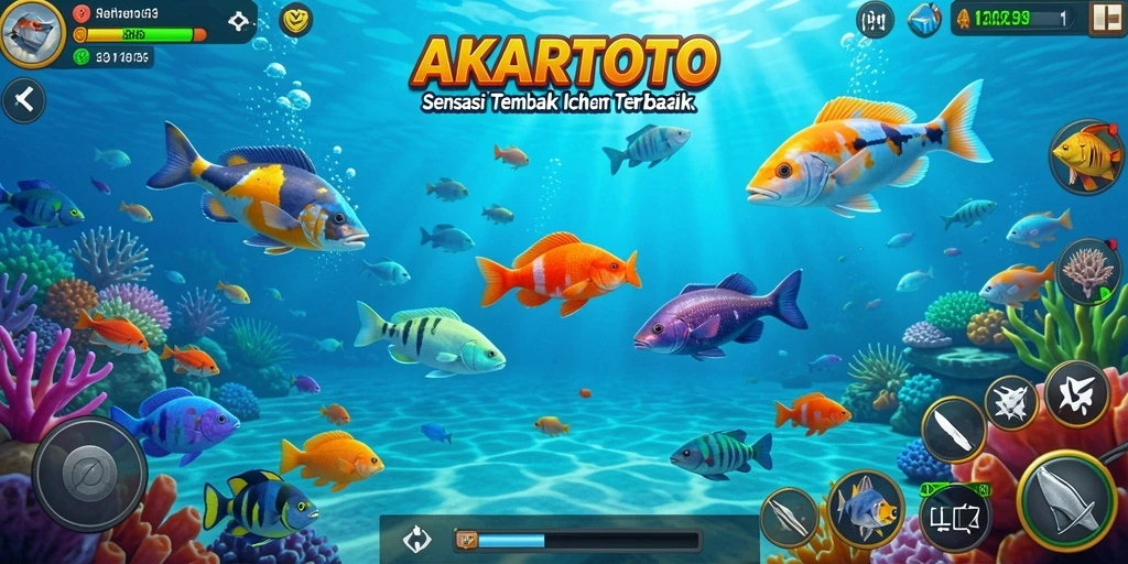 Screenshot gameplay AKARTOTO menampilkan aksi seru dalam menembak ikan.