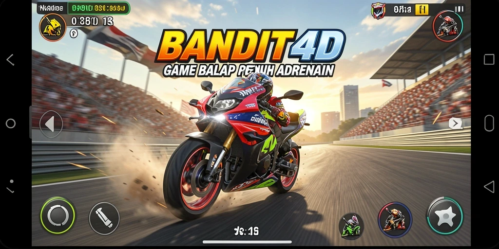 Screenshot utama BANDIT4D menunjukkan aksi balap motor yang mendebarkan di trek yang menantang.