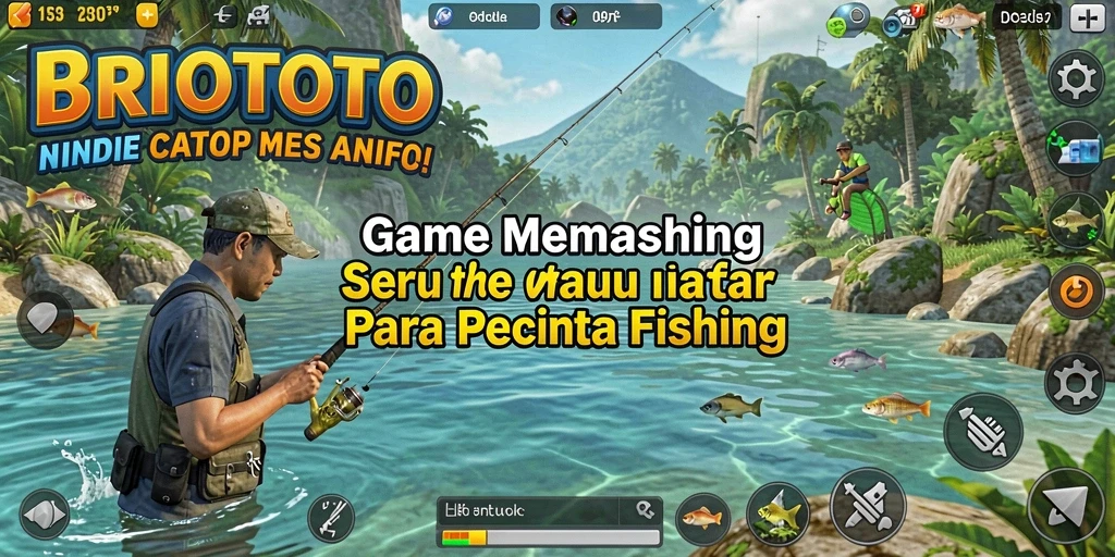 Tampilan gameplay BRIOTOTO saat memancing di danau yang indah.