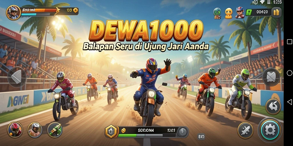 Screenshot utama DEWA1000 menunjukkan aksi balapan yang mendebarkan.