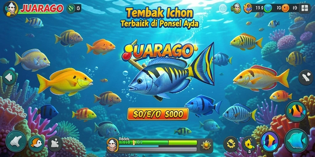 Tangkapan layar gameplay JUARAGO dengan aksi menembak ikan.