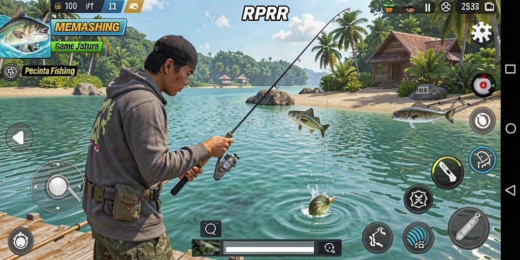 Screenshot dari gameplay RPRR yang menunjukkan aksi memancing menarik.