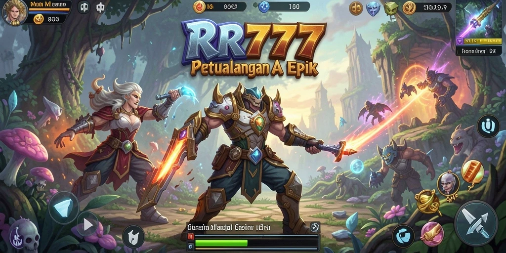 Screenshot gameplay RR777 menampilkan pertarungan epik di dunia fantasi.