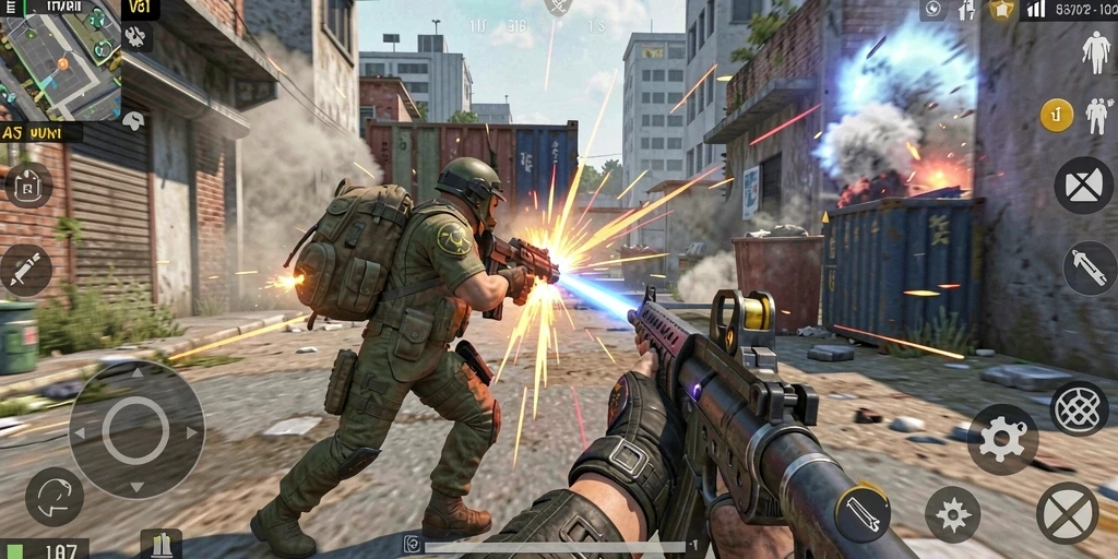 Screenshot gameplay V87 yang menunjukkan aksi tembak-menembak yang intens.